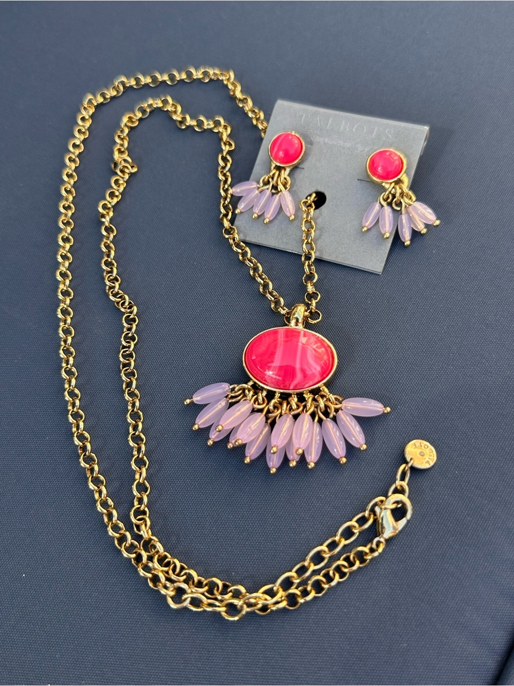 Talbots Pink & Lavender Statement Necklace & Earrings Set Gold Tone, NEW